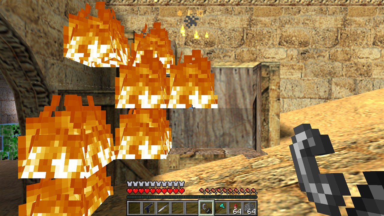 Flames on a stack of de_dust2 crates