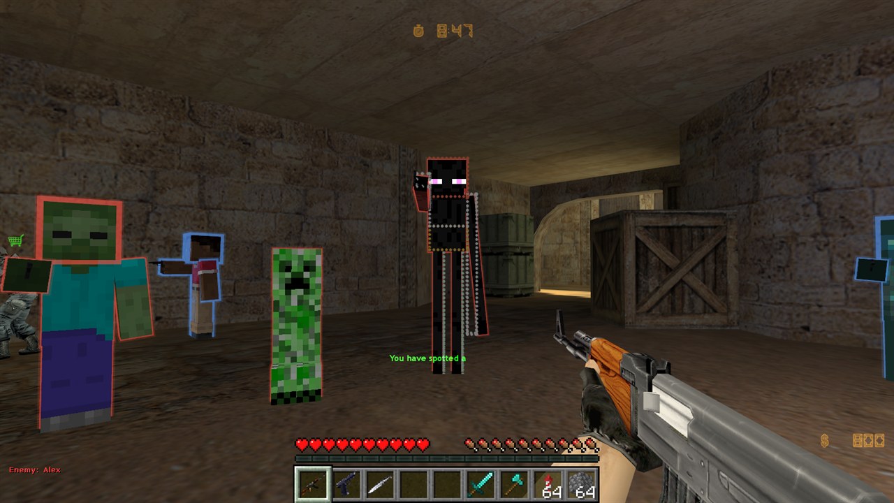 An enderman with its hit boxes outlined, between a zombie and a creeper