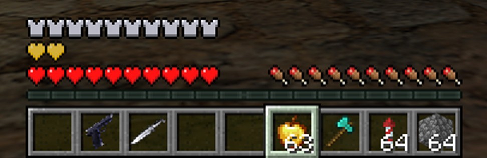 The HUD: armor, absorption, health, hunger, and a hotbar with a pistol and a knife