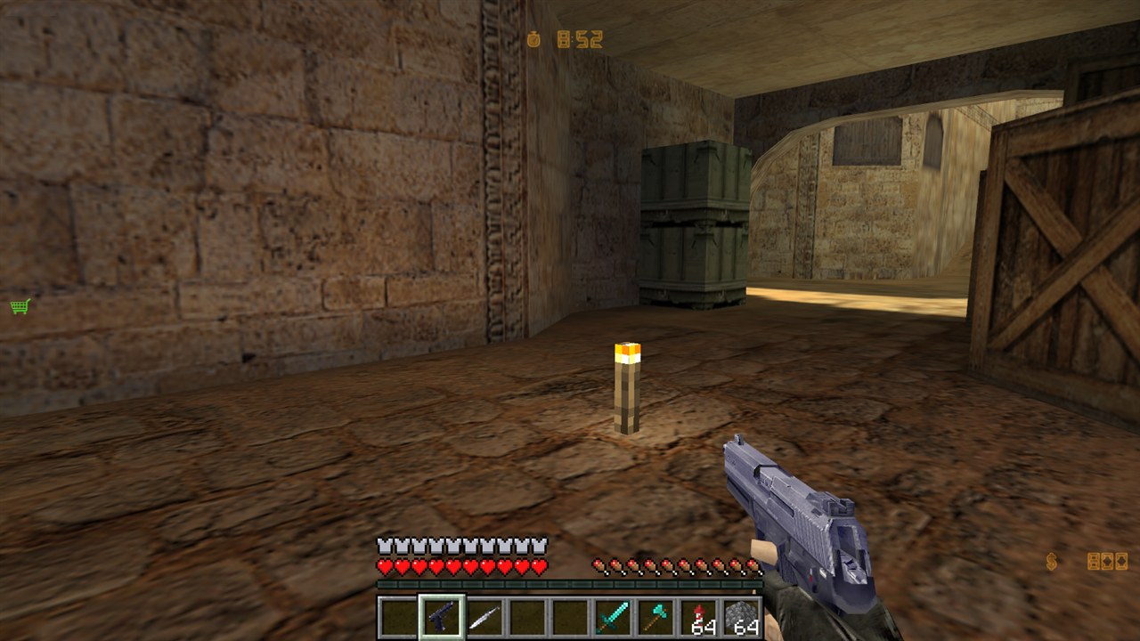 The same tunnel lit by one torch standing on the floor